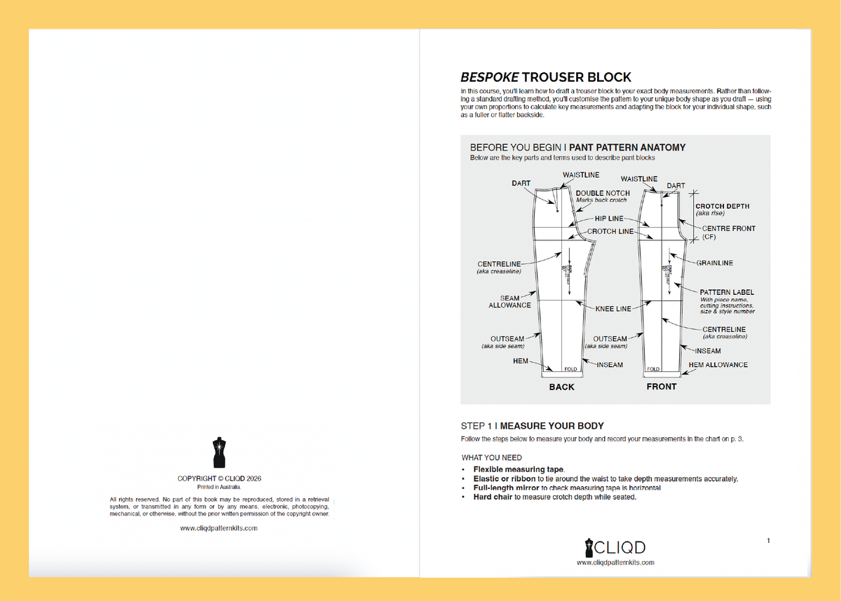 Inside bespoke pant block PDF drafting course with illustrated, step-by-step instructions to create block to personal body measurements.