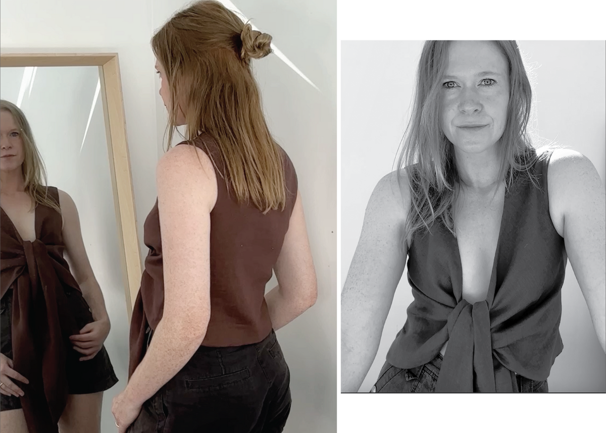Model wearing Maeve tie top CLIQD sewing pattern - sleeveless top with tie front