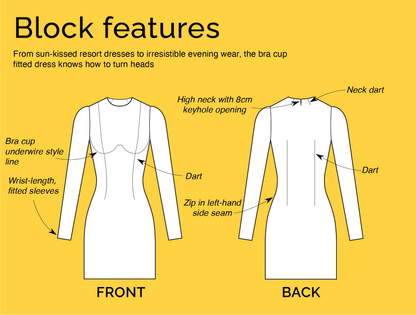 Design features and details of CLIQD Bra cup fitted dress block – dart, bra cup underwire, sleeves, zip and high neck