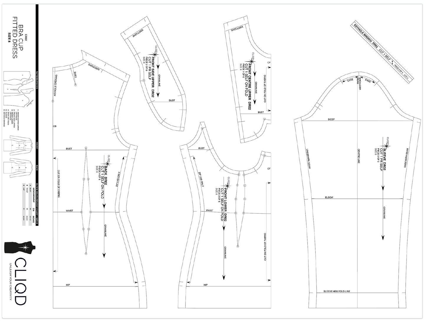 CLIQD Bra cup fitted dress block pattern printed on A0 paper