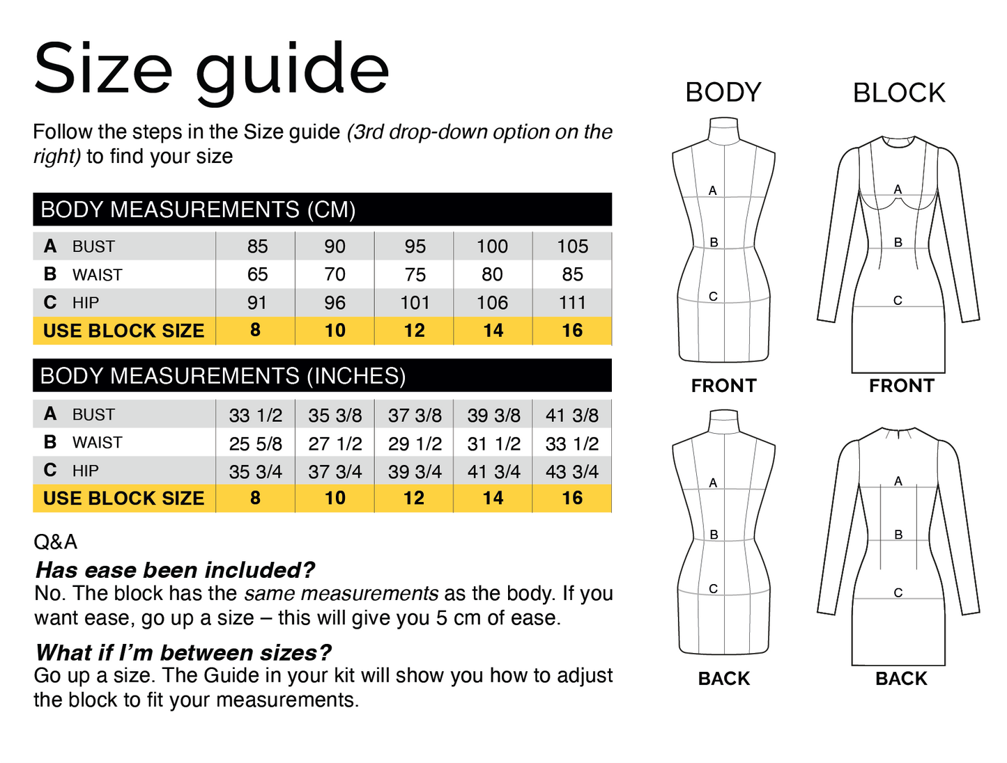 Size chart with body and block measurements for CLIQD Bra cup fitted dress