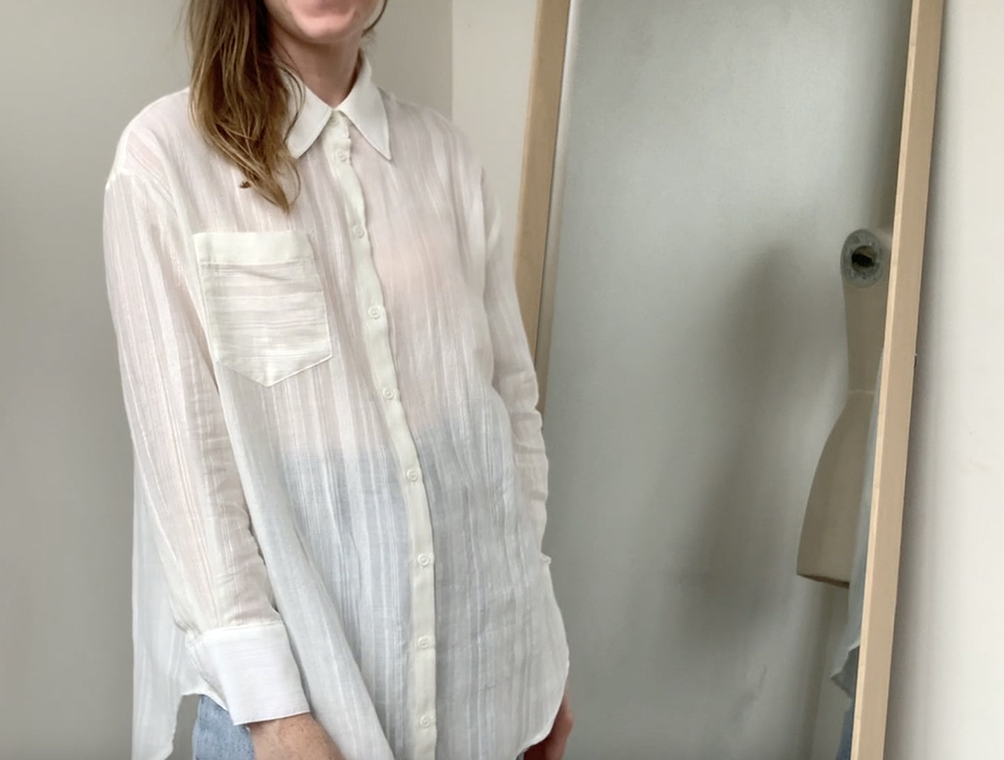 Sample of CLIQD oversized shirt block worn by model - white, button-up, oversized shirt with collar and cuffs