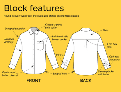 Design features of CLIQD oversized shirt block - two-piece collar, dropped armhole, box pleat, cuffs and breast pocket