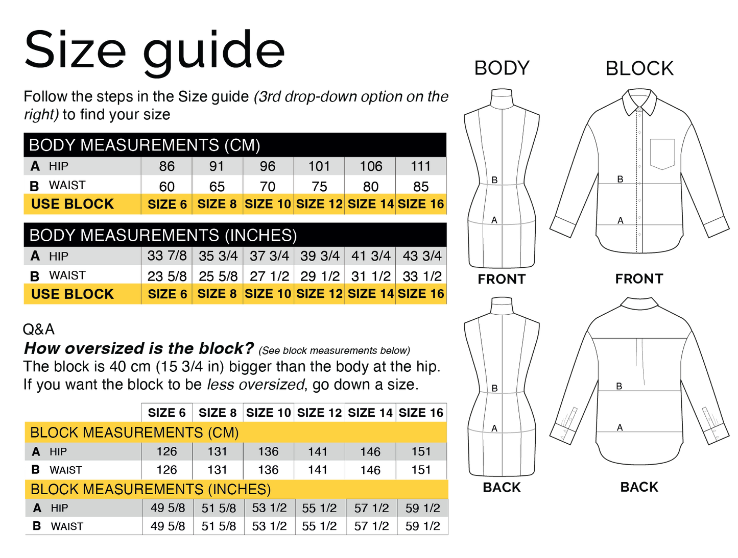 Size guide with body and block measurements for CLIQD oversized shirt pattern making kit