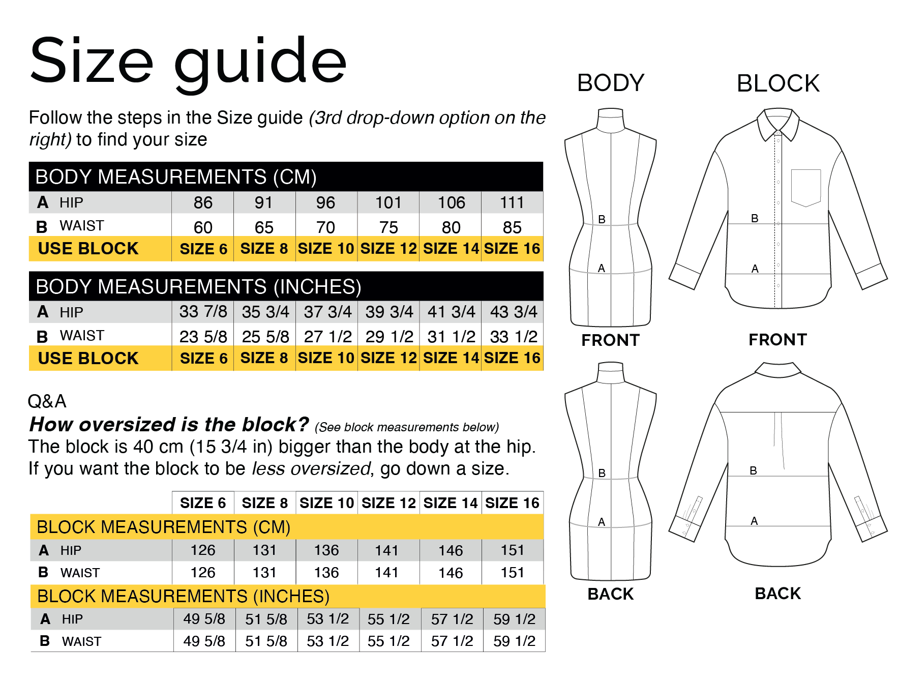 Size guide with body and block measurements for CLIQD oversized shirt pattern making kit