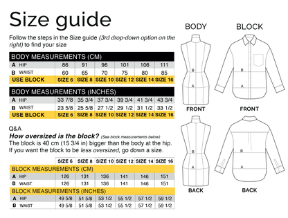 Size guide with body and block measurements for CLIQD oversized shirt pattern making kit