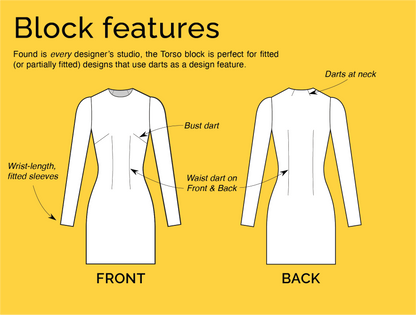 Design features and details for CLIQD torso block pattern – includes bust, neck and waist darts, fitted sleeves and high neck.