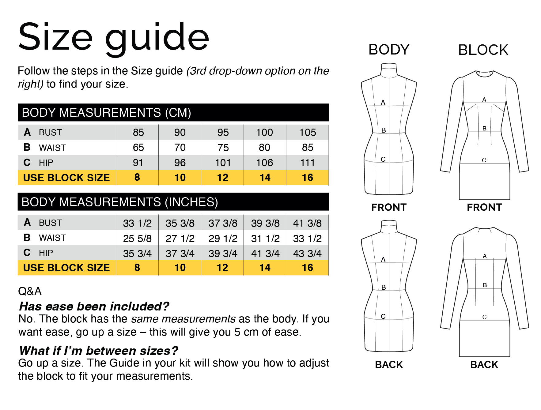 Size chart with body and block pattern measurements for CLIQD torso block pattern making kit