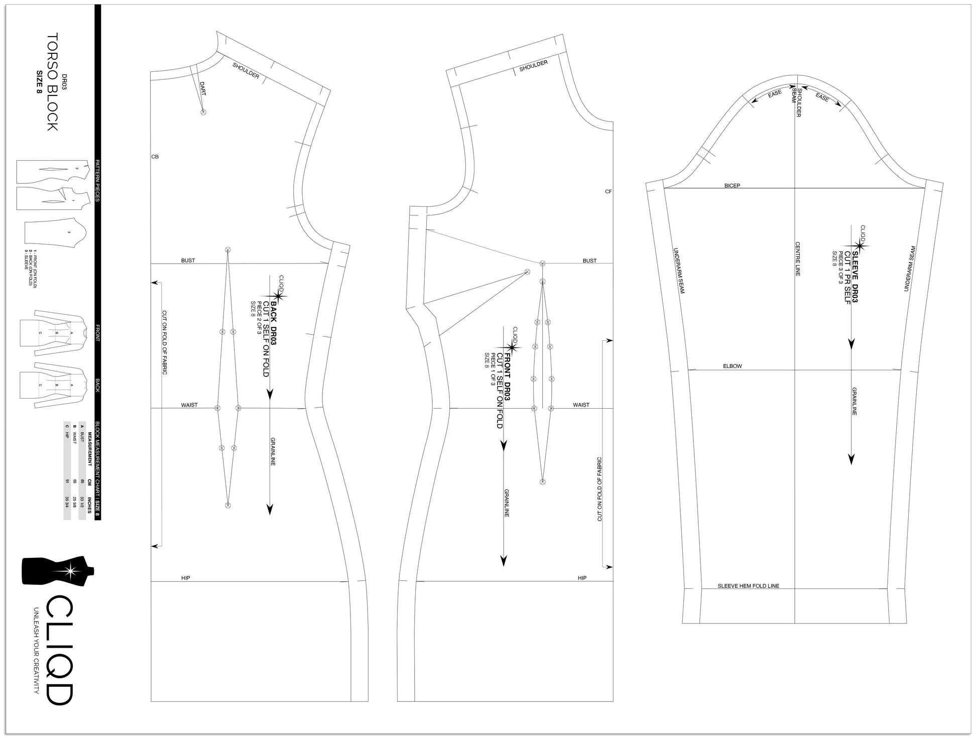CLIQD torso block pattern pieces – front, back and sleeve