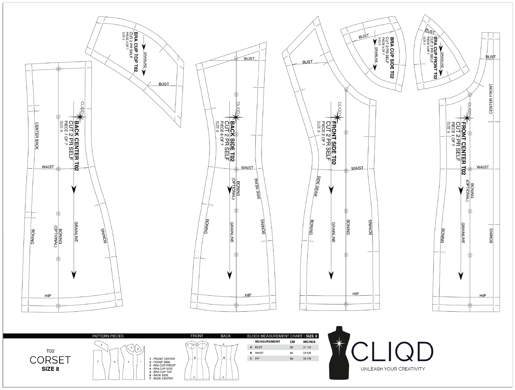 CLIQD corset block pattern on a1 paper PDF – professionally-fitted block with boning placement and style lines