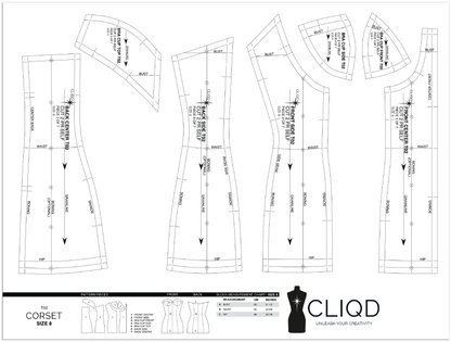 CLIQD corset block pattern on a1 paper PDF – professionally-fitted block with boning placement and style lines