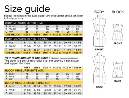 Size guide with body and block measurements for CLIQD corset pattern making kit