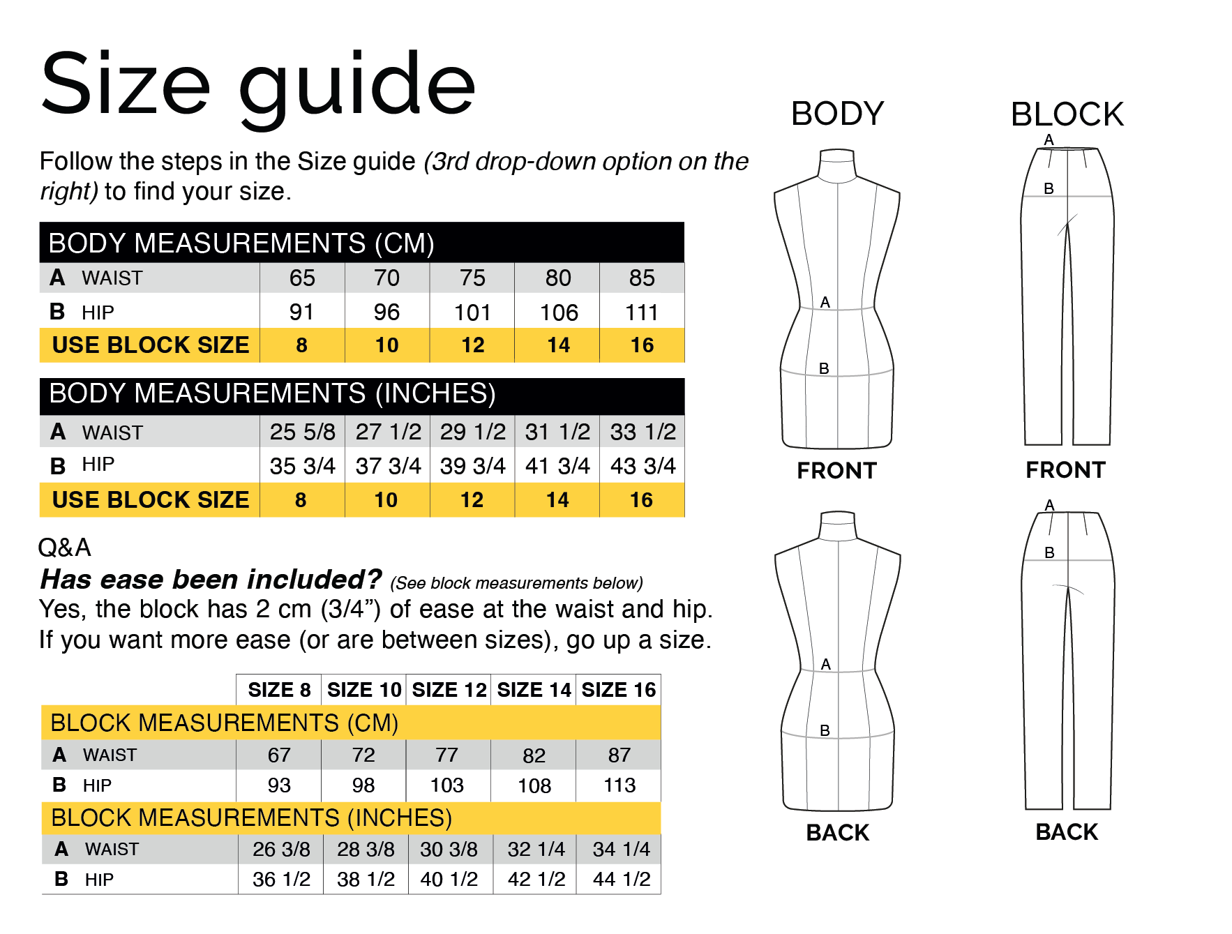Size guide with body and block measurements for CLIQD pant pattern making kit