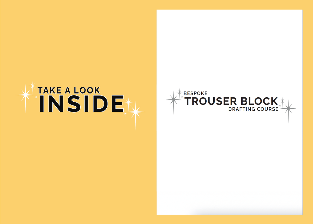 Cover of bespoke pant block PDF drafting course with illustrated, step-by-step instructions to create block to personal body measurements.