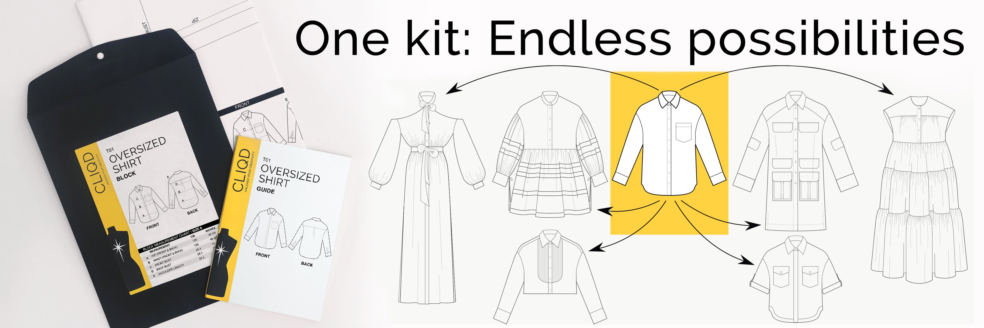 CLIQD Oversized Shirt pattern making kit — one block used to create multiple shirt and dress sewing patterns