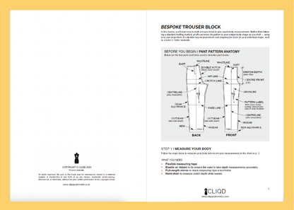 Inside bespoke pant block PDF drafting course with illustrated, step-by-step instructions to create block to personal body measurements.