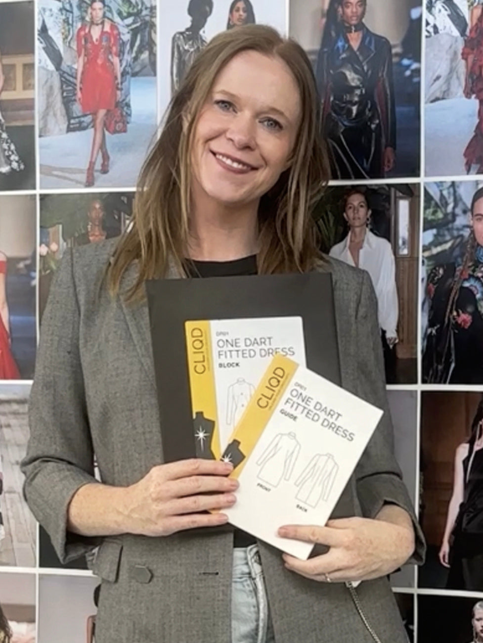 Leigh Goyen, CLIQD founder and former Alexander McQueen pattern maker, with her CLIQD pattern kits and fashion designer sewing patterns
