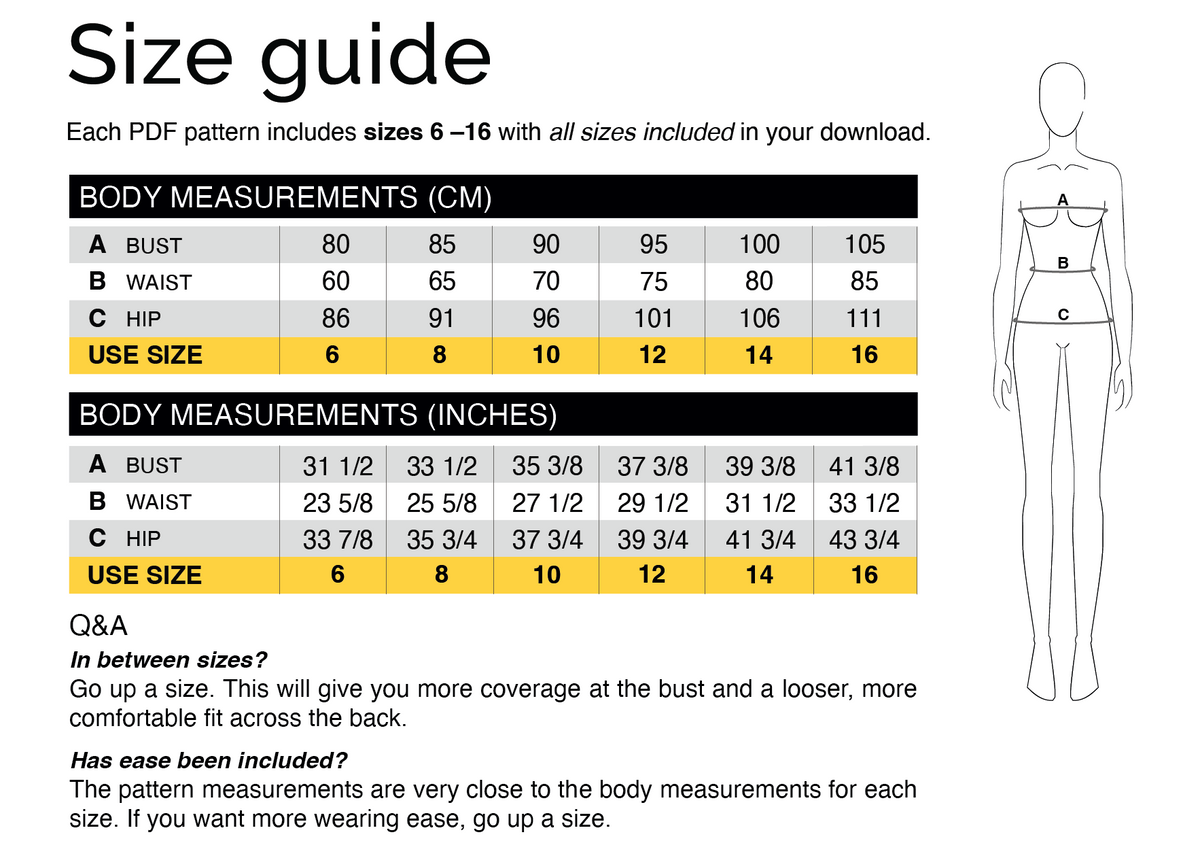 Size guide for CLIQD Maeve Tie Top Sewing Pattern