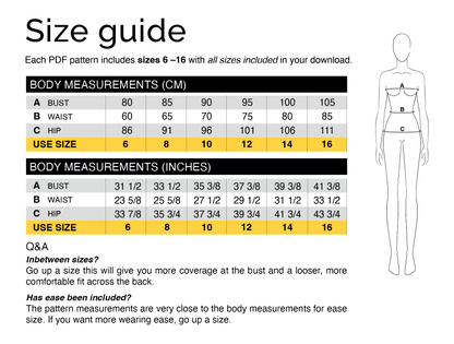 Size guide for CLIQD Maeve Tie Top Sewing Pattern 